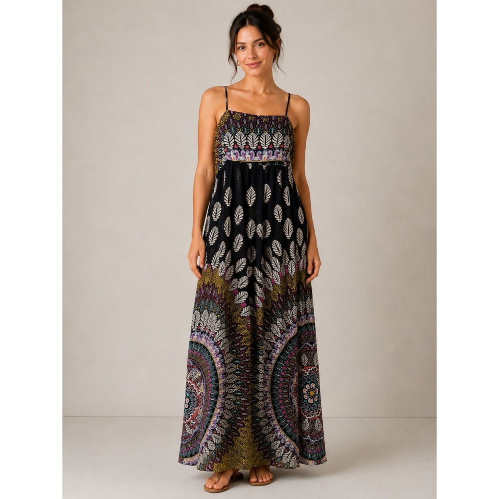 Axara Paris Empire Waist Maxi Dress Womens 6 Black Boho Medallion NWT